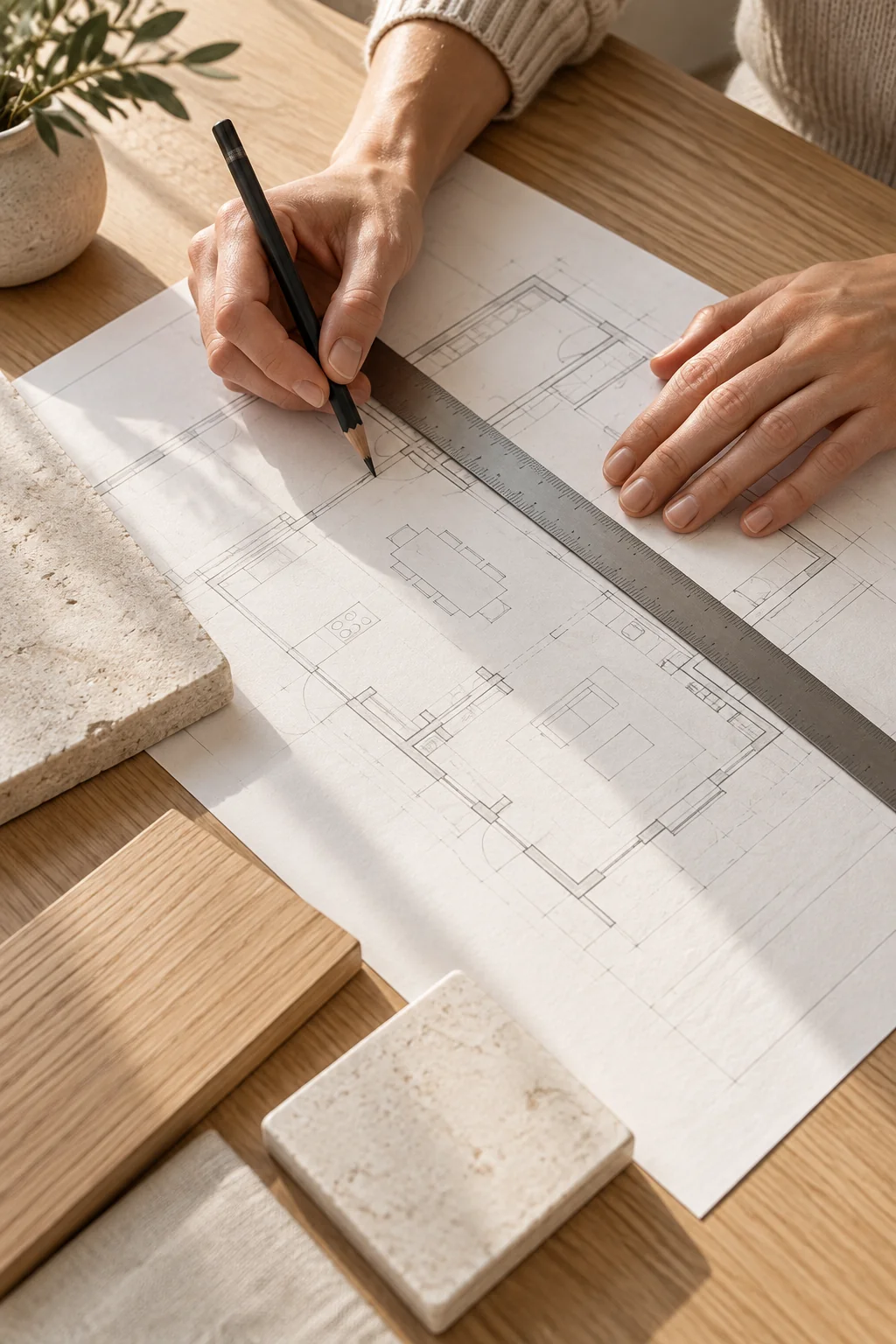 AI illustration of hands reviewing a home renovation plan and material samples